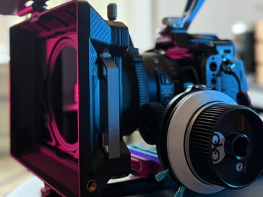 A Lumix S5 hybrid camera rigged with matte box and follow focus.