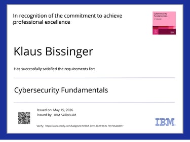 Teiklnahmezertifikat an Weitrbildungskurs Cybersecurity fundemantels von ibm skillsBuid