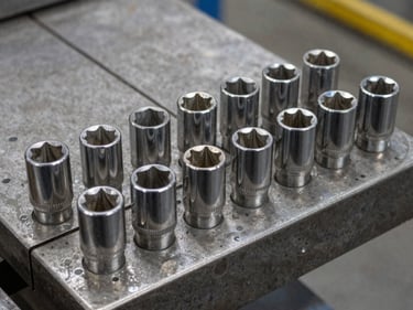 Close-up overhead shot of a set of hot-forged chrome-vanadium drive sockets arranged in a row on a steel surface, forging seams visible, ambient factory light