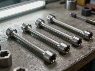 Tight detail shot of forged socket extension bars and universal joints laid flat on a concrete workshop bench, tool steel finish visible, overhead fluorescent lighting