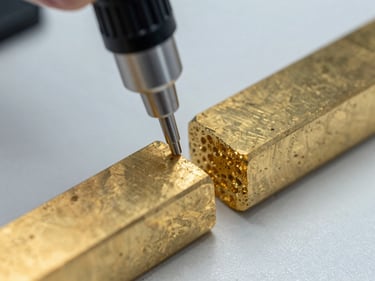 Extreme close-up of a spectrometer probe touching a freshly cut brass billet cross-section, laboratory overhead lighting, the warm golden grain of the alloy visible in sharp focus against a clean testing bench