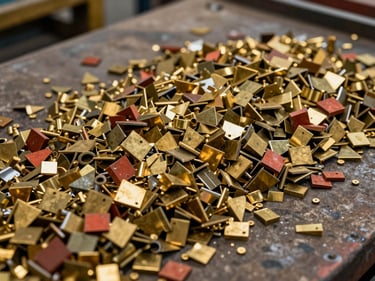 Close-up overhead shot of sorted brass scrap piles by grade on a concrete sorting floor, warm tungsten lighting catching the varied golden and reddish tones of the metal fragments, factory scale visible in the background