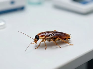 Macro photograph of a German cockroach on a sterile white lab surface, clean clinical lighting