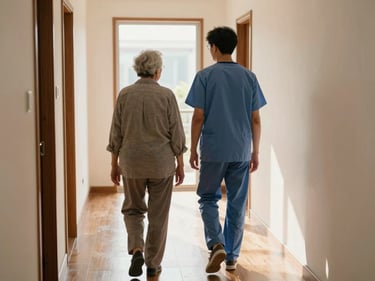 Caregiver walking slowly beside an older person through a sunlit hallway, shot from behind, natural light from a window at the end of the hall, warm wood floors