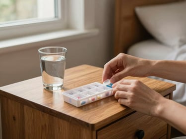 Caregiver's hands helping arrange a pill organizer and glass of water on a wooden nightstand, warm daylight from a nearby window, soft lived-in bedroom visible in background