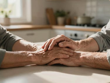 Close-up of two hands — one older, one younger — resting together on a kitchen table in warm morning window light, soft focus background of a home interior