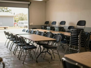 Rows of folded event tables and stacked chairs arranged in a clean storage hall, warm daylight from a wide door, no people, equipment as subject