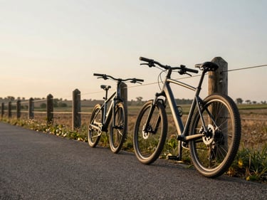 Two e-bikes leaning against a wooden fence post on a paved regional cycling route, soft golden late-afternoon light, no riders visible, open landscape in background