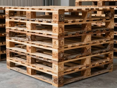Close-up of neatly stacked wooden pallets inside a clean dry storage parcel, neutral daylight filtering through a side opening, concrete floor visible, no people