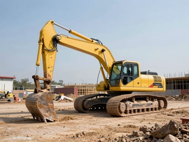 Wide shot of a yellow compact excavator parked on a construction site, bucket lowered, noon light casting sharp shadows, no operator visible, machinery as the clear subject