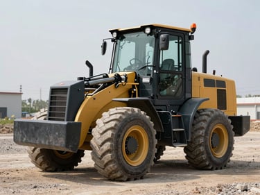 Compact wheel loader staged on a gravel yard in neutral noon light, controls visible through the cab window, machinery in sharp focus against a plain sky