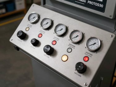 Overhead close-up of a Hauni PROTOS 90 control panel with dial gauges and indicator lights, machined aluminium fascia under studio strobe, sharp mechanical detail, dark warehouse floor visible below