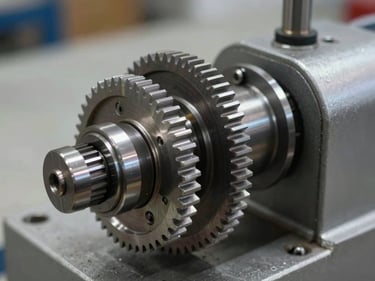 Extreme close-up of a Molins MK9 cigarette maker mechanical assembly, gear train and cam followers in sharp focus under cool strobe lighting, steel surfaces with machined detail, concrete testing bay background out of focus