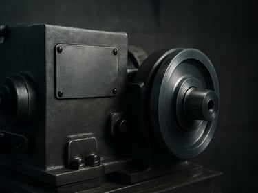 Close-up of a Hauni KDF 2 packer machine serial-number plate and drive assembly in a testing bay, cool studio strobe highlights on machined steel, shallow depth of field, industrial concrete background