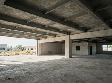 Wide environmental shot of a completed commercial new-build interior shell, structural steel beams visible overhead, concrete slab floor level and clean, natural daylight from open facade, no workers, no clutter