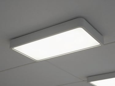 Overhead detail shot of recessed LED luminaire fixtures installed in a suspended ceiling grid inside a finished commercial space, even diffuse lighting, no people, clean white ceiling tiles