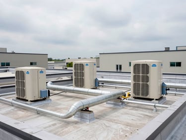 Wide shot of rooftop commercial HVAC units freshly installed on a flat commercial building roof, refrigerant lines and duct penetrations visible, overcast sky, no workers, clean and orderly installation