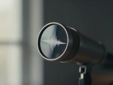Overhead tight shot of a studio condenser microphone capsule with a visible waveform reflection on the metal body, soft north-facing window light, dark navy blurred background — no people, no text
