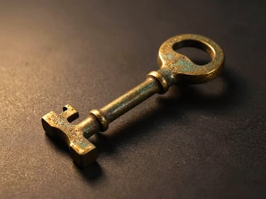 Close-up of a traditional gamelan bronze key in isolation on a dark surface, warm golden studio light raking from the left revealing texture, minimal background — no people, no text