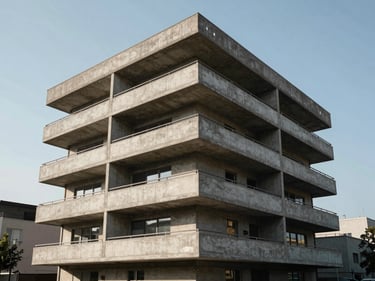 Exterior corner view of a four-story residential block, concrete balconies, daylight, wide shot, street context visible, no staging