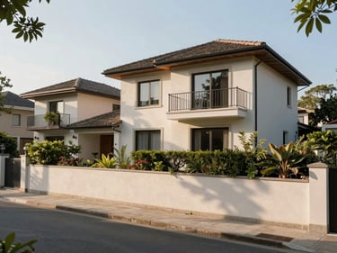 Wide street-level view of a detached villa with garden boundary wall, natural morning light, architectural framing, no people inside or outside