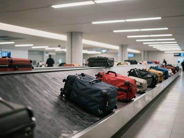 Wide shot of moving luggage on an airport conveyor belt under harsh fluorescent lighting, motion blur on the bags, empty hall visible beyond, clinical and transactional atmosphere