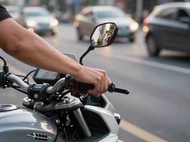 Close crop of a driver's hand gripping a motorbike handlebar at a city pickup point, late-afternoon daylight, blurred traffic visible behind, purposeful and operational