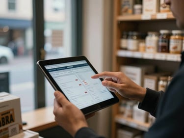 Merchant's hands scrolling through a product listing on a tablet screen inside a small urban shop, ambient window light, inventory shelves visible to the right