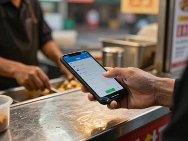 Rider's thumb tapping a payment confirmation on a phone screen at a street food stall, golden-hour ambient light, stall vendor's hands visible across the counter