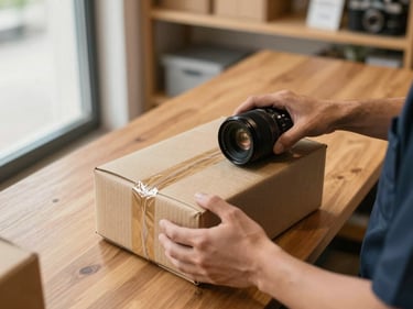 Overhead close shot of a delivery package being sealed by a merchant's hands on a wooden counter, window light from the left, shop shelves softly blurred in background