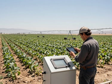 Wide environmental shot of a California agricultural field at midday, irrigation control panel in the foreground with a worker checking a ruggedized tablet, crops stretching to the horizon under flat neutral sky