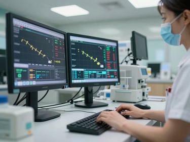 Environmental close-up of a hospital nurse station, monitors displaying patient data, a staff member entering information on a keyboard under cool fluorescent ambient light, medical equipment in background