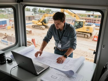 Active construction site overhead perspective, project manager reviewing plans on a ruggedized laptop at a job trailer desk, heavy equipment visible through the window, overcast natural light