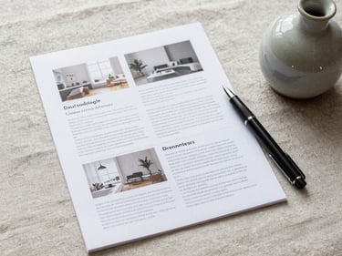 Flat-lay of printed editorial layouts, a fine-tip pen, and a small ceramic vessel on a raw linen surface, cool diffused light from above, minimal and precise