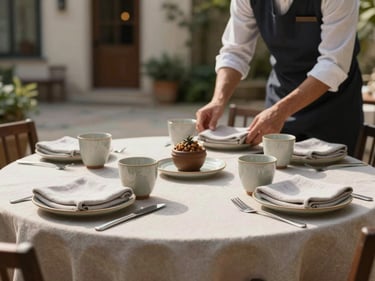 Wide shot of a property breakfast table set with ceramic cups and folded linen napkins in a sunlit courtyard, staff adjusting a place setting in the background, no eye contact