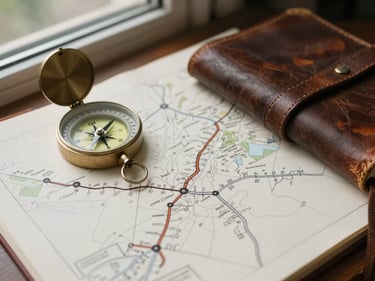 Close framing of a hand-drawn route map on cream paper beside a compass and worn leather notebook, natural window light from the left, muted tones