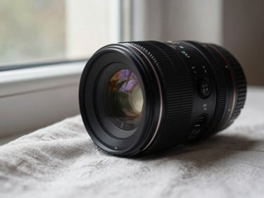 Detail of a camera lens resting on a linen cloth beside a window, soft diffused daylight casting a gentle shadow across the fabric, shallow depth of field