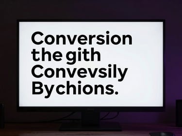 Minimalist typographic layout displaying conversion-focused copywriting on a high-resolution screen, low-key dark environment with subtle purple rim light.