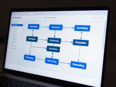 Multi-channel attribution dashboard displaying digital marketing flowcharts, low-key dark environment with sharp light blue rim lighting.