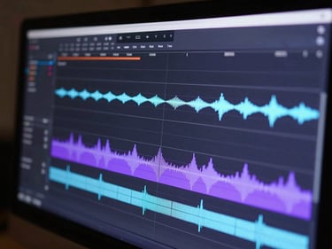 Close-up of a professional video editing timeline with purple and light blue audio waveforms glowing on a dark studio monitor.