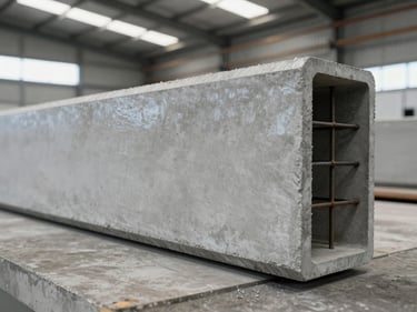 Close-up of a precast concrete beam being finished on a factory floor under industrial fluorescent lighting, smooth formed surface visible with chamfered edges, steel reinforcement cage partially visible at one end