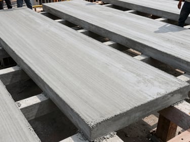 Overhead shot of precast concrete floor slabs being laid across structural beams on an active construction site, bright overcast daylight, workers visible at edges for scale, concrete surface texture sharp in frame