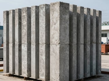 Stacked precast concrete columns in an outdoor yard, bright natural daylight, geometric grid of vertical elements showing consistent cross-section and surface quality, scale reference visible from surrounding equipment