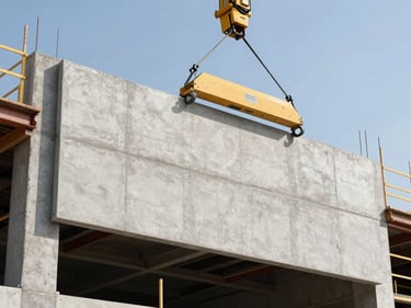 Precast concrete wall panels being lifted by crane and set into position on a commercial building frame, bright midday sun, finished panel surfaces visible with embedded connection hardware at corners