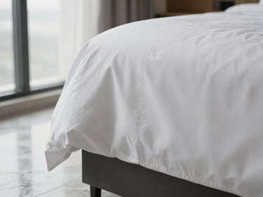 Extreme close-up of tightly tucked white hotel bed corner on a marble-floored room, overcast window light from the left, crisp fold lines showing thread count density, no people, no decor