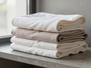 Stack of four neatly folded spa wraps in ivory and soft taupe on a clean grey concrete shelf, diffused daylight from a high window, fabric edge detail visible showing tight selvedge finish, no people