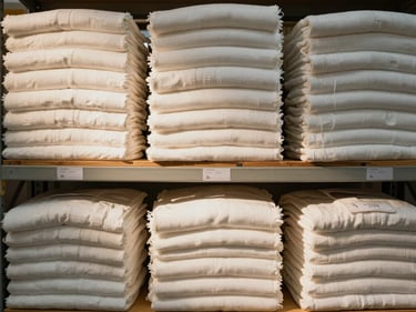 Overhead shot of neatly stacked labeled finished-goods linen inventory on warehouse shelving, warm tungsten light catching the cotton weave on the folded edges, no people, clean industrial context