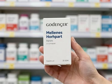 Hand holding a slim wellness supplement carton against a pharmacy shelf background, clean studio strobe light showing soft-touch matte laminate finish, product label in sharp focus