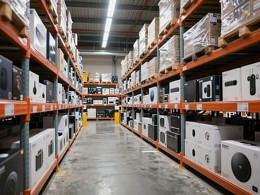 Wide shot of organized warehouse shelving stocked with boxed electronics and accessories, strong LED ceiling light, clean concrete floor, no people