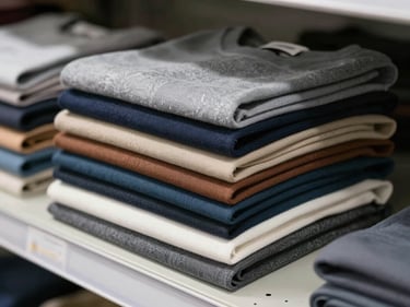 Close-up overhead shot of folded wholesale clothing samples stacked neatly on a warehouse shelf, bright even studio lighting, no people